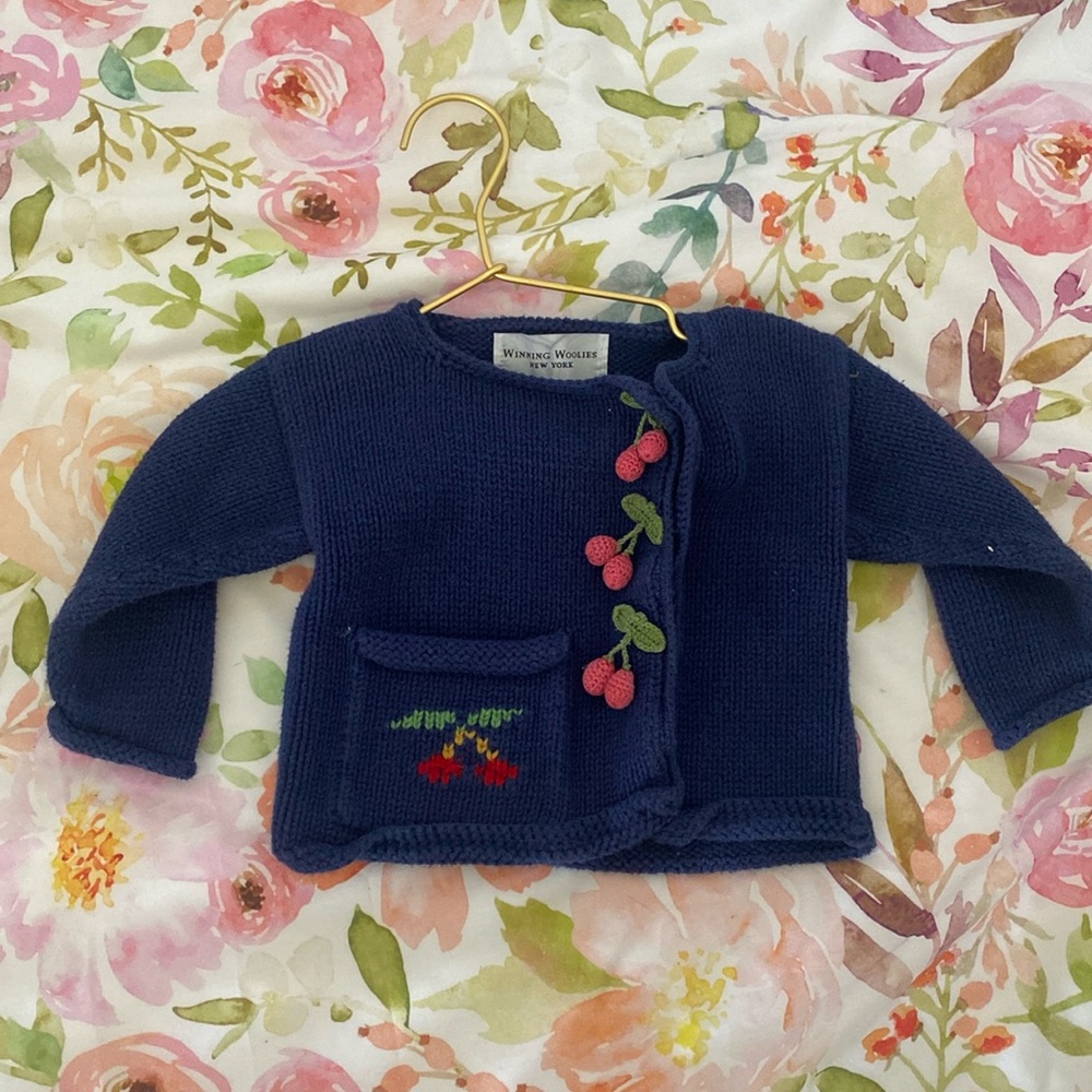 Winning Woolies New York Navy Hand Knit 100% Cotton Cardigan with Cherries